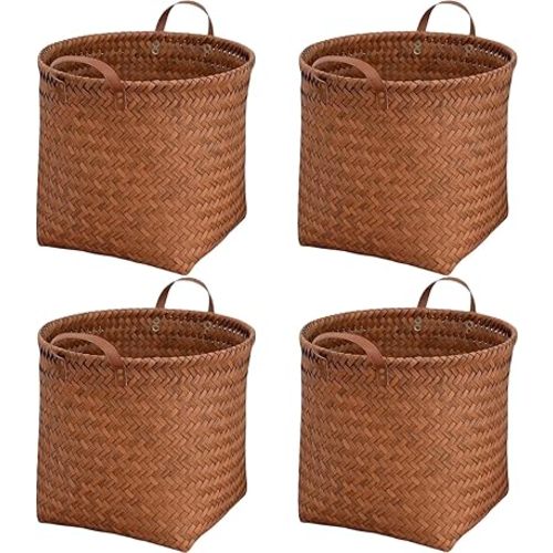 GIB Wicker Cube Storage Bins Baskets with Handles Set of 4, 11x11 Inch Round Woven Baskets for Organizing, Fit 12x12, 13x13 Inch Cube Shelves, Closet, Laundry Organizer, Brown