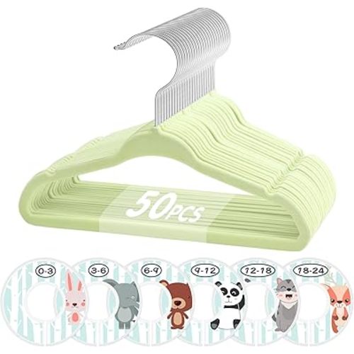VIS'V Baby Hangers, 11 Inch Velvet Kids Hangers with 6 Pcs Clothes Size Dividers, Infant Toddler Nursery Closet Organization, Non Slip, Lime Green, 50 Pcs