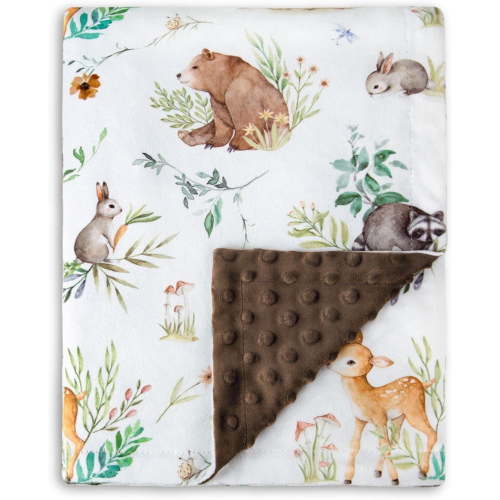 Boritar Soft Plush Minky Baby Blanket for Boys & Girls with Double Layer Dotted Backing, Woodland Animals Print, 30 x 40 Inch