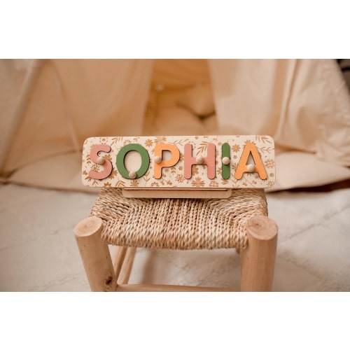 Unique Name Puzzle, Christmas Personalized Gift for Baby and Toddler, Patterned Flowers Puzzle, Natural Wooden Puzzle, First Birthday Gift