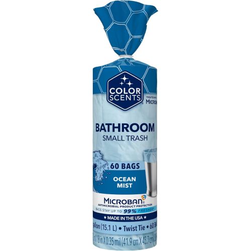 Color Scents Small Trash Bags - 4 Gallon, 60 Bags (1 Pack of 60 Count), Twist Tie - Light Blue in Ocean Mist Scent with Microban