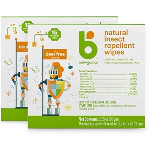 Babyganics DEET Free Travel Size Insect Repellant Wipes | Natural Plant Based, 30 Wipes (2 Packs of 15)