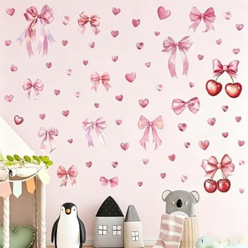 Cherry and Bow Wall Decals - 5 Sheets 68 Pcs Pink Bow Wall Stickers Coquette Bowknot Cherry Peel and Stick Wall Decals Sticker for Coquette Girls Bedroom Home Décor