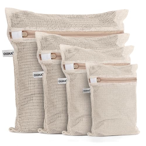 OKAKA 100% Cotton Mesh Laundry Bags, Premium Soft, No Dye, Set of 4, Natural