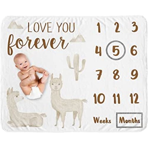 Sweet Jojo Designs Boho Llama Boy Girl Milestone Blanket Monthly Newborn Growth Mat Baby Shower Keepsake - Gender Neutral Beige Taupe Tan Bohemian Southwest Aztec Watercolor Mountain Cactus Farmhouse