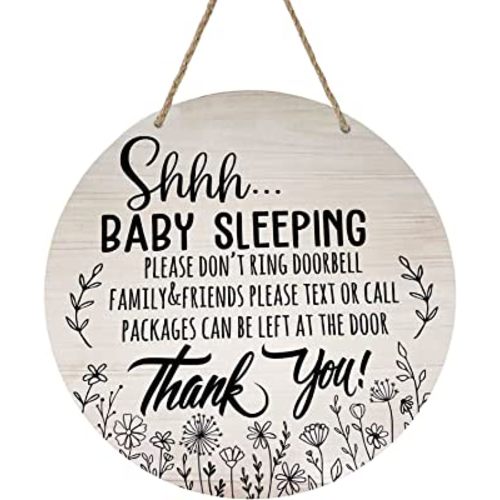 Deroro Baby Sleeping Sign for Front Door, Please Do Not Ring Doorbell Wood Door Hanger for Outdoor Outside Porch Decor, Rustic Wooden Wreath Wall Hanging Decoration for Home