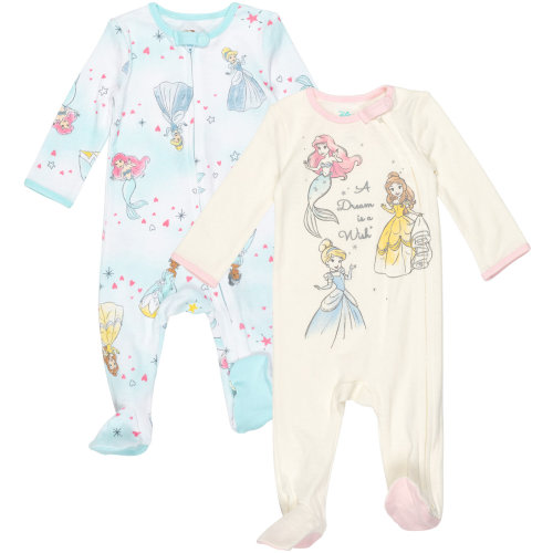 Disney Princess Belle Tiana Cinderella Newborn Baby Girls 2 Pack Zip Up Snap Sleep N' Plays Newborn to Infant