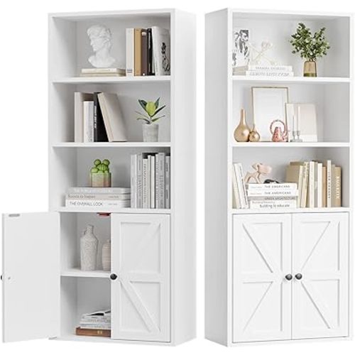 oneinmil 5 Tier Bookshelves and Bookcase with Doors Industrial Set of 2 Double Wide Floor Standing Book Shelf 59" Tall Display Shelves Bookshelf with Storage Cabinets for Living Room, White