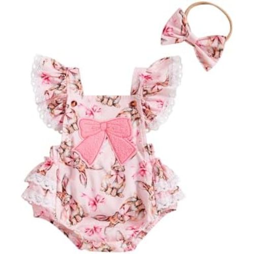 Infant Newborn Baby Girl Easter Outfit Sleeveless Rabbit Print Bow Embroidered Lace Ruffle Romper Summer Clothes