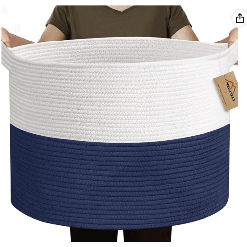 115L Super Large Blanket Basket, Cotton Rope Woven Bin for Toy, Clothes, Laundry, Shoes, Toy Box for Living Room, Oversized Organizer, XXXL Jumbo Basket for Blankets, 23.6"x15.7", Navy Blue