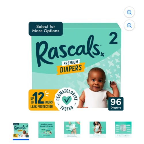 Rascals Pañales Absorbentes Premium para Bebé Talla 2, 96 Unidades (Seleccione para Ver Más Opciones)