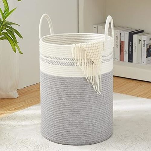 Woven Rope Laundry Hamper Basket, 58L Tall Luandry Basket, Baby Nursery Hamper for Blanket Storage, Clothes Hamper for Laundry in Bedroom-Grey