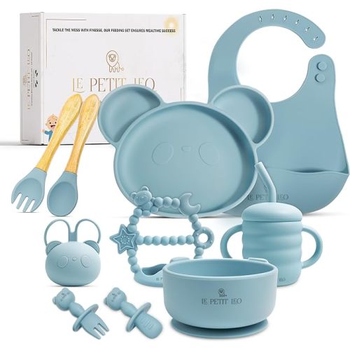 Silicone Baby Feeding Set - Complete Baby Led Weaning Supplies with Non-Toxic Silicone Bibs, Suction Plates, Suction Baby Bowl, Sippy Cup, Baby Spoons and Fork, Toddler Utensils (Baby Sky)