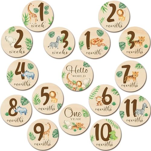 Tiamon 16 Pieces Wooden Baby Monthly Milestone Cards Monthly Milestone Marker Discs Double Sided Wooden Circles Months Signs for Baby Shower Newborn Photo Props (Jungle Animal)