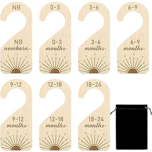 8Pcs Engraved Boho Sun Baby Closet Dividers Wooden Double-Sided Baby Closet for Clothes Organizer Nursery Decor Baby Closet Age Size Dividers for Baby Shower Birthday Gift (0-24 Months)