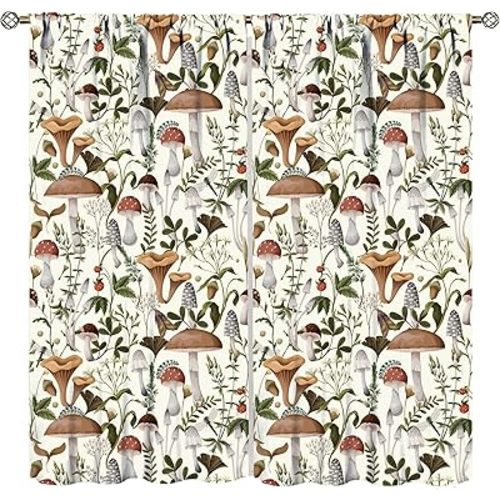 YCness Mushroom Curtains, Colorful Cartoon Style Abstract Illustration Print Window Treatments for Living Room, Seamless Pattern Home Decor Curtain 2 Panel,42x63 Inch Green