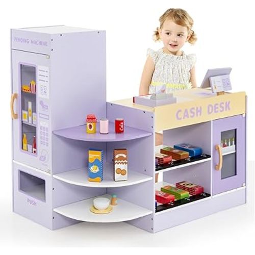 INFANS Kids Grocery Store Playset, Wooden Supermarket Toy Set with Cash Register, Vending Machine, Play Food Accessories, Blackboard, Pretend Play Store Gift for Toddler Boys Girls (Purple)