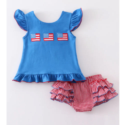 Premium Blue patriotic flag applique baby set