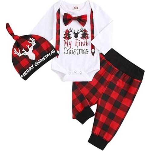 My First Christmas Outfit Infant Baby Boy Christmas Romper Red Plaid Pants with Hat Newborn boys Clothing Sets