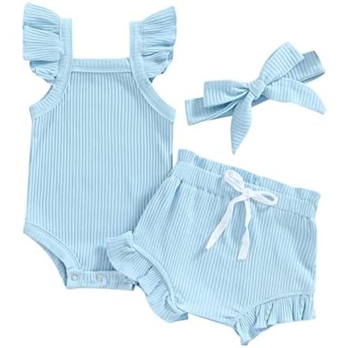 Newborn Baby Girl Summer Outfits Ribbed Sleeveless Romper Bodysuit Top and Ruffle Shorts Headband Clothes Sets