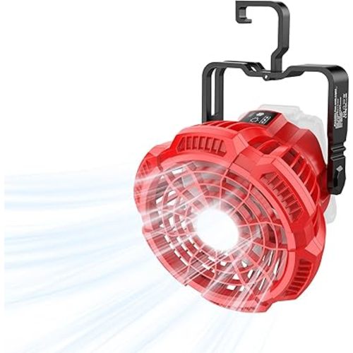 Portable Fan for Milwaukee 18V Battery, Brushless 3-Speed Desk Fan with LED Light, 3300 RPM, 180° Rotating Hook, Camping Fan for Hiking, Jobsite, Tents (No Battery)