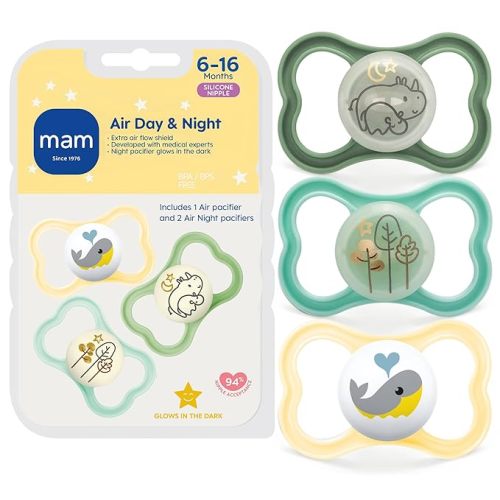 MAM Air Pacifier for Babies 6-16 Months, Extra Air Flow for Sensitive Skin, Glows in The Dark, Developed with Medical Experts, BPA-Free Skin Soft Silicone, 4 Count, Made in Europe