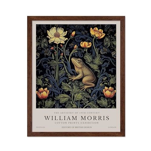 Monem Art William Morris Poster - Frog and Flowers Print - Frog Art - Botanical Art - Exhibition Art - Forest Art - Floral Art - Aesthetic Bedroom or Living Room Decor - 8x10 Brown Framed