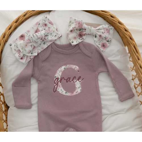 Newborn Baby Girl Coming Home Outfit Mauve Floral Embroidered Romper Personalized Baby Shower Gift
