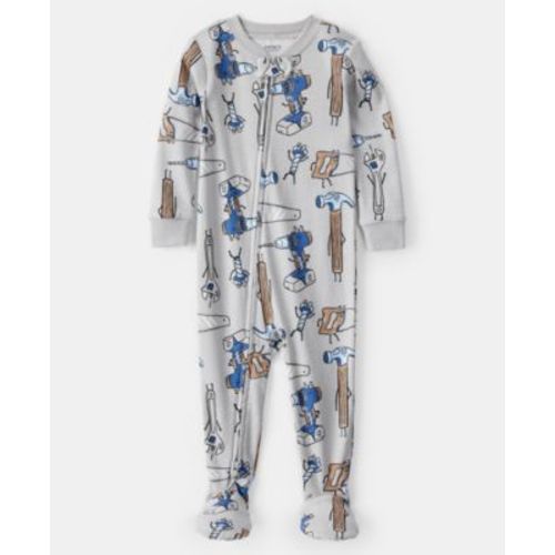 Baby Boys Construction-Print 100% Cotton Long-Sleeve Snug-Fit 1-Piece Footed Pajamas