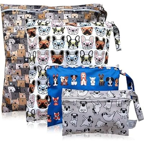 FLOCK THREE 4pcs Waterproof Wet Bag Reusable for Wet Clothes Baby Diapers Stroller Swimsuit Travel Reusable toiletries Pouch Small and Larger Electronics case 4 Pack (Cute Dog)