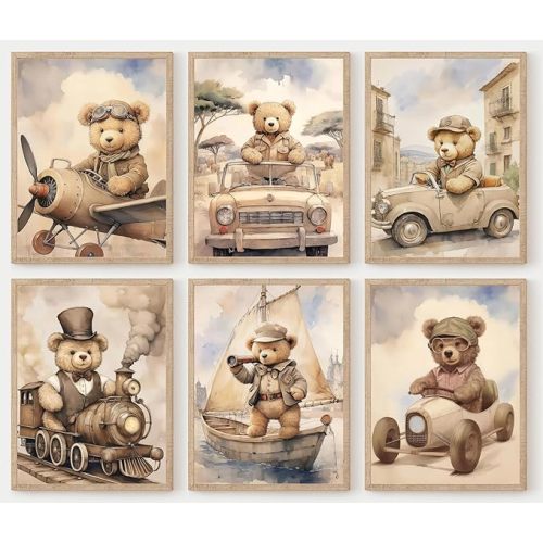 6pcs Cute Bear Nursery Wall Art Funny Vehicle Canvas Poster Kids Wall Decor Vintage Car Prints Baby Pictures Transportation Plane Painting Train Truck Artwork for Boy's Girl's Bedroom Unframed