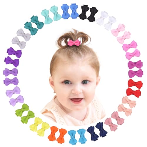 Grosgrain Ribbon Hair Bows Clips for Infant Girls - Fully Lined Mini Bows in 20 Color Pairs, Set of 40 (1.2" Tiny Clips)