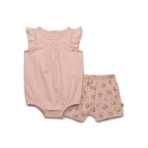 easy-peasy Baby Girls Organic Cotton Ruffle Bodysuit with Embroidered Yoke & Shorts Set, 2-Piece, Sizes 0-24M