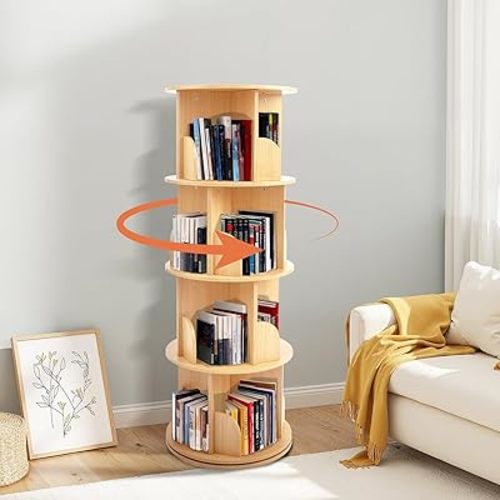 5/4/3/2-Tier Wooden Rotating Bookshelf, 360° Spinning Bookcase for Kids & Small Spaces, Corner Shelf Storage Organizer for Bedroom, Living Room,Multi-Functional Bookshelf Organizer (Wooden, 4 Tier)