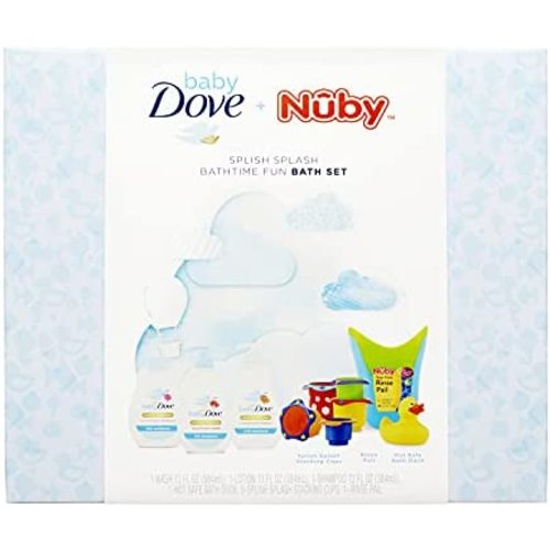 Baby Dove + Nuby Splish Splash Bathtime Gift Set Baby Shower Gift Body Wash, Shampoo, Lotion, Hot Safe Bath Duck, Stacking Cups and Tear-Free Rinse Pail Baby Dermatologist Tested