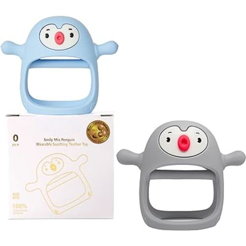 Smily Mia 2pack Penguin Teether for Babies 0-6Month, Silicone Teething Mittens&Baby Chew Toys for 3-6Month, Shower Gift for Baby Boys, Blue+Grey