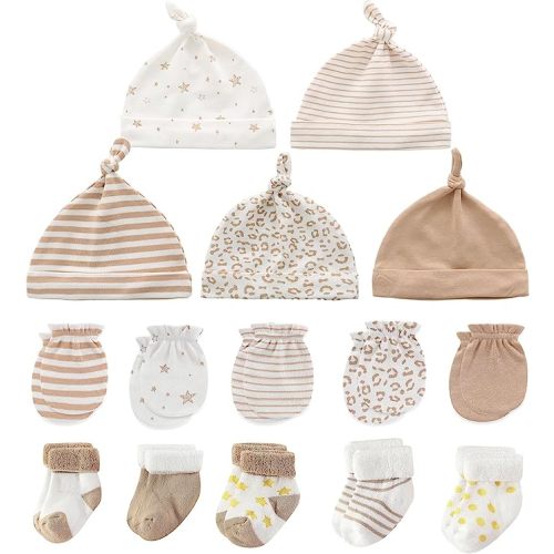 MAMIMAKA Baby Caps Mittens and Thick Warm Socks Cotton Newborn Essentials Accessories (Hats+Gloves+Terry Socks),0-6 Months - Set-8