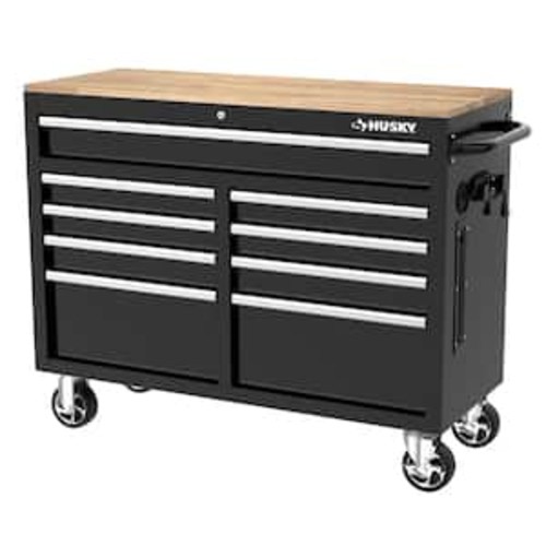 Tool Storage 46 in. W x 18 in. D 9-Drawer Mobile Workbench Cabinet in Gloss Black
