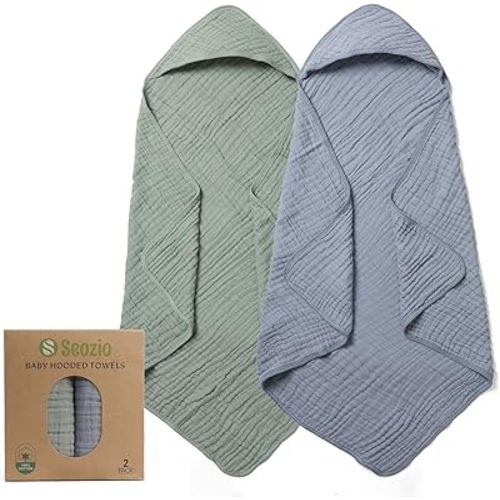 Hooded Baby Bath Towels for Newborn, 2 Pack 100% Cotton 32x32Inch Baby Bath Towel with Hood for Babies, Infant, Toddler and Kids, Soft and Absorbent Newborn Essential (Green and Grey)