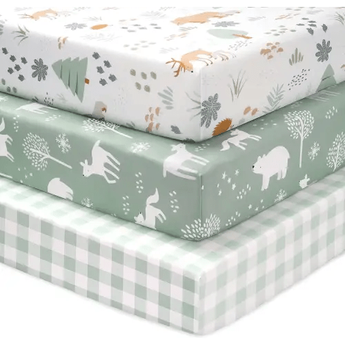 Baby Mini Crib Sheets Boy, Portable 38”x26” Pack and Play Sheets Fitted for Playard and Pack N Play Mattress, 3-Pack Soft Microfiber Green Forest Bear