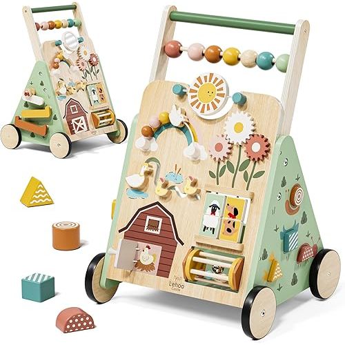 Lehoo Castle Wooden Baby Walker, Adjustable Speed Montessori Walker with Activity Center for Boys Girls, Baby Push Walker Toys for 1 Year Old Learning to Walk