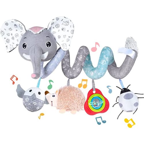 Koty Car Seat Toys, Infant Baby Spiral Plush Activity Hanging Toy for Stroller Bar Pram Crib with Music Box BB Squeaker & Rattles(Grey Elephant)