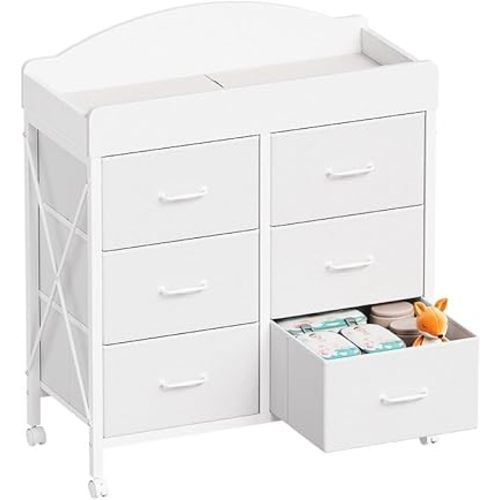 Baby Changing Table Dresser with Wheels, 6-Fabric Drawer Baby Dresser with Changing Table Top, Waterproof Diaper Changing Station & Pad, Mobile Storage Unit, Compact Baby Furniture, White
