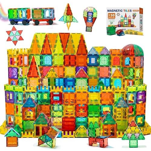 EchoPlan Magnetic Tiles, 130PCS Magnetic Blocks with 2 Cars, Magnet Tiles 3D Clear Building Blocks Set, STEM Sensory Educational Toys Gift for Toddlers Kids Boys 3 4 5 6 7 8 9+ Year Old