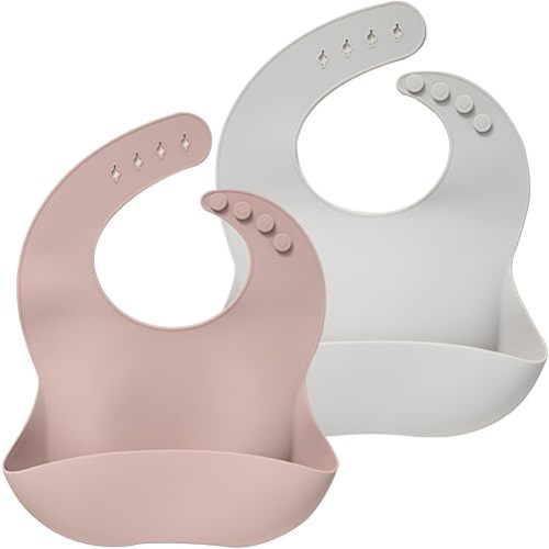 Moonkie Silicone Baby Bibs Set Of 2 | BPA Free Waterproof | Soft Flexible Adjustable Silicone Bibs for Babies & Toddlers(Sliver Cloud/Shadow Gray)