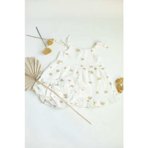 Soft dress set for baby girl - lemon print , muslin fabric with bloomers, baby shower gift, granddaughter gift, baby announcement, christmas