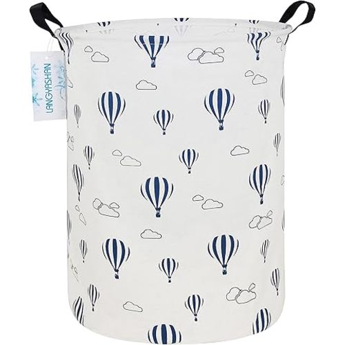 LANGYASHAN Laundry Basket Canvas Fabric Collapsible Organizer Basket for Storage Bin Toy Bins Gift Baskets Bedroom Clothes Children Nursery Hamper (Round Blue Balloon)