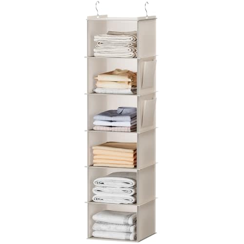 YOUDENOVA Hanging Closet Organizer, 6-Shelf Closet Hanging Storage with Side Pockets, Beige