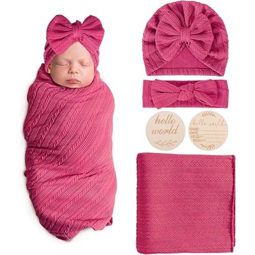 Newborn Receiving Blanket with Bow Hat Headband Wooden Card Set Wheat-Pattern Newborns Toddler Baby Boy Girl Nursery Swaddle Wrap