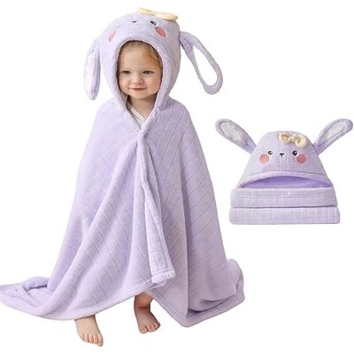 Toddler Hooded Towel-Soft Coral Fleece Hooded Baby Towels with Animal Design, Large Super Absorbent Bath Towel for Newborn Toddler Kids(49X31 Inch, Bunny)